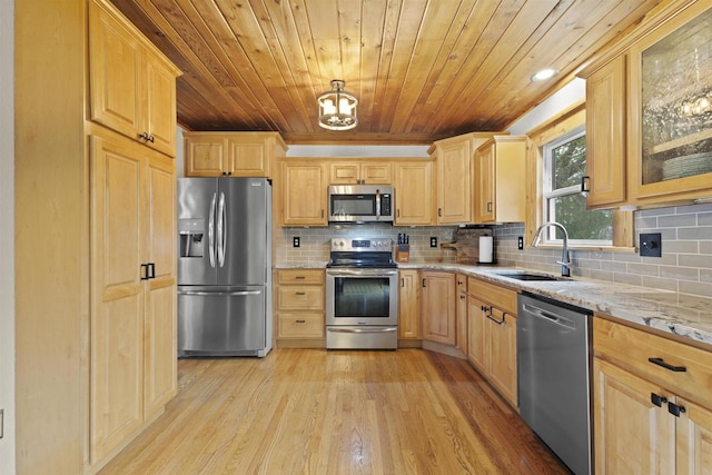 2104 Hazel St, Oshkosh, WI 54901 - kitchen featuring appliances with stainless steel finishes, light brown cabinets, a sink, wooden ceiling, and light stone counters