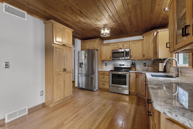2104 Hazel St, Oshkosh, WI 54901 - kitchen featuring stainless steel appliances, wood ceiling, a sink, light stone counters, and tasteful backsplash