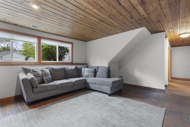 2104 Hazel St, Oshkosh, WI 54901 - living room featuring wood ceiling, brick flooring, and baseboards