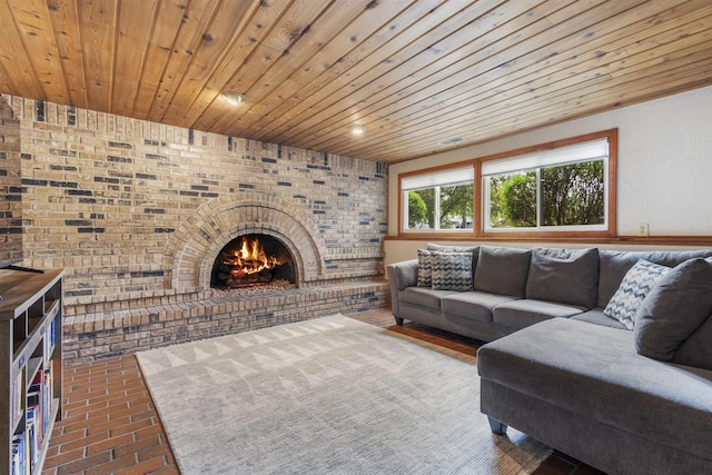 2104 Hazel St, Oshkosh, WI 54901 - living area featuring wooden ceiling and a brick fireplace