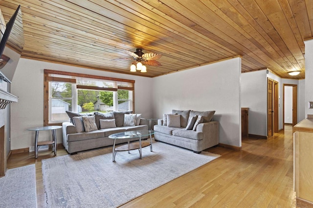 2104 Hazel St, Oshkosh, WI 54901 - living room with wooden ceiling, a fireplace, light wood finished floors, a ceiling fan, and baseboards