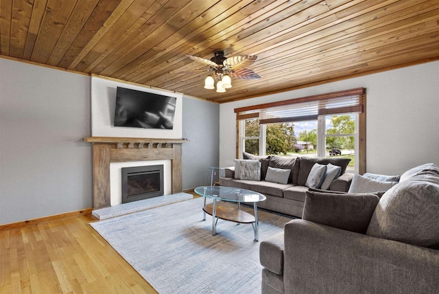 2104 Hazel St, Oshkosh, WI 54901 - living area featuring wood ceiling, wood finished floors, a ceiling fan, a glass covered fireplace, and baseboards