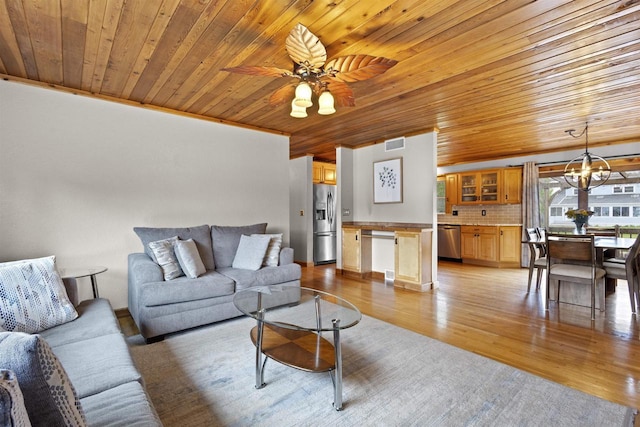 2104 Hazel St, Oshkosh, WI 54901 - living area with wood ceiling, a chandelier, light wood-style flooring, and a ceiling fan