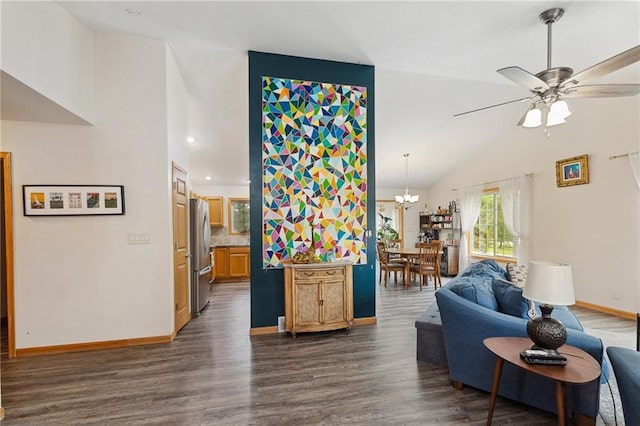 819 Fairway Cir, Black River Falls, WI 54615 - living area featuring dark wood finished floors, lofted ceiling, ceiling fan, a chandelier, and baseboards
