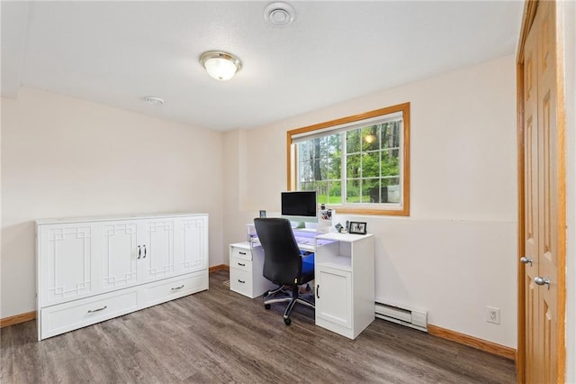 819 Fairway Cir, Black River Falls, WI 54615 - office featuring a baseboard radiator, wood finished floors, and baseboards