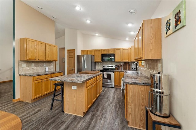 819 Fairway Cir, Black River Falls, WI 54615 - kitchen with appliances with stainless steel finishes, a sink, vaulted ceiling, a kitchen bar, and dark wood finished floors