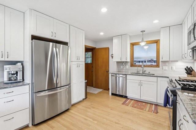 4912 Schofield St, Monona, WI 53716 - kitchen with appliances with stainless steel finishes, a sink, tasteful backsplash, white cabinetry, and recessed lighting