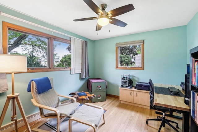 4912 Schofield St, Monona, WI 53716 - office featuring light wood-style flooring, ceiling fan, baseboards, and baseboard heating
