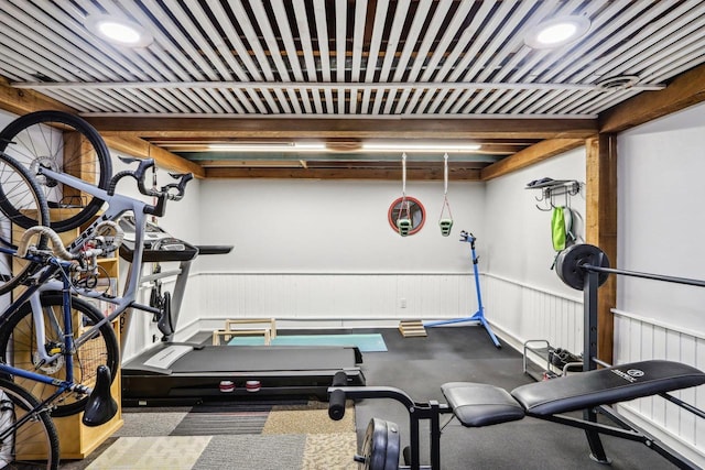 4912 Schofield St, Monona, WI 53716 - exercise room with a wainscoted wall and recessed lighting