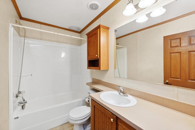 11253 State Highway 71, Sparta, WI 54656 - bathroom featuring crown molding,  shower combination, vanity, and toilet