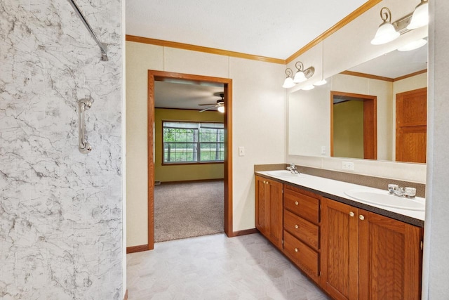 11253 State Highway 71, Sparta, WI 54656 - full bathroom with double vanity, crown molding, tile patterned floors, a marble finish shower, and a ceiling fan