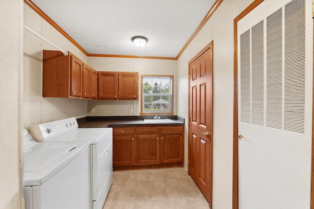 11253 State Highway 71, Sparta, WI 54656 - washroom featuring a heating unit, cabinet space, independent washer and dryer, crown molding, and light floors