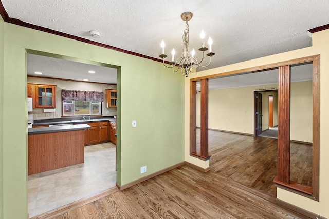 11253 State Highway 71, Sparta, WI 54656 - unfurnished dining area with ornamental molding, a textured ceiling, a chandelier, light wood-type flooring, and baseboards