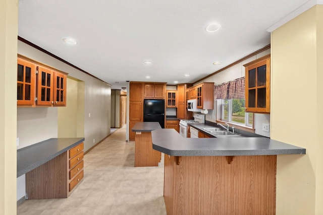 11253 State Highway 71, Sparta, WI 54656 - kitchen with white appliances, crown molding, a sink, a breakfast bar area, and recessed lighting