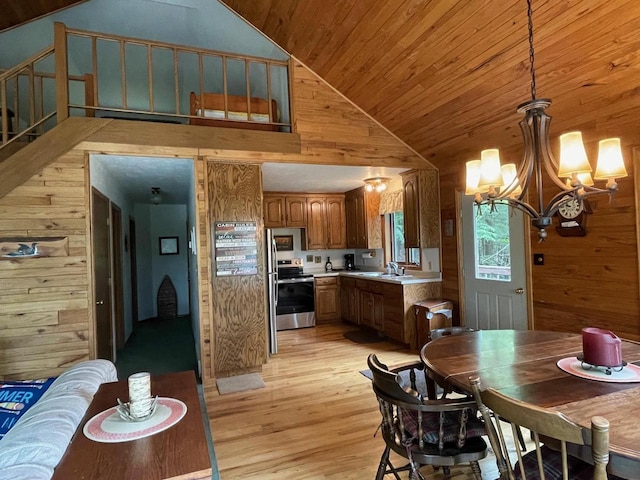 17235 Little Archibald Rd, Townsend, WI 54175 - dining room featuring wooden walls, light wood finished floors, wooden ceiling, a chandelier, and high vaulted ceiling