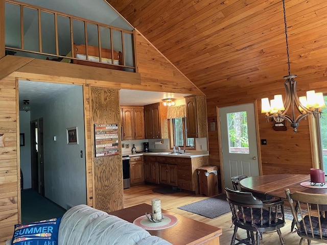 17235 Little Archibald Rd, Townsend, WI 54175 - kitchen with light wood-type flooring, wood walls, a chandelier, light countertops, and wood ceiling