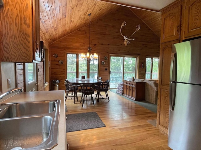 17235 Little Archibald Rd, Townsend, WI 54175 - dining room with wood walls, wooden ceiling, lofted ceiling, healthy amount of natural light, and light wood finished floors