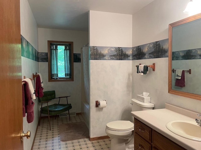 17235 Little Archibald Rd, Townsend, WI 54175 - bathroom with tile patterned floors, toilet, vanity, and shower / bath combination with curtain