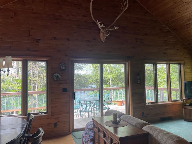 17235 Little Archibald Rd, Townsend, WI 54175 - living area with wood walls, vaulted ceiling, plenty of natural light, and wood ceiling