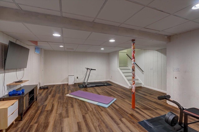 3514 Valley Ridge Rd, Middleton, WI 53562 - exercise area featuring wood finished floors, baseboards, a drop ceiling, recessed lighting, and wooden walls