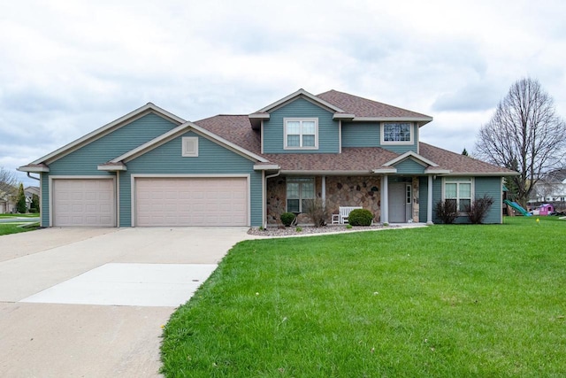 141 Cavil Way, De Pere, WI 54115 - view of front of property with driveway, an attached garage, a front lawn, a shingled roof, and covered porch