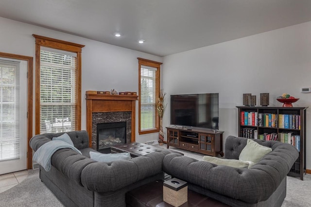 141 Cavil Way, De Pere, WI 54115 - living area featuring a high end fireplace, recessed lighting, and light tile patterned floors