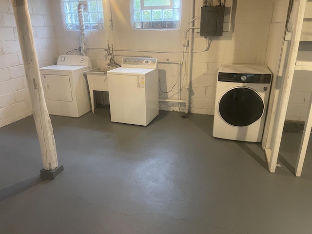 3122 W Madison St, Milwaukee, WI 53215 - washroom with washer and clothes dryer, electric panel, and concrete block wall