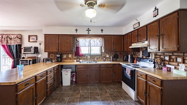 E4347 E Gate Dr, Waupaca, WI 54981 - kitchen with white electric range oven, a peninsula, under cabinet range hood, a sink, and light countertops