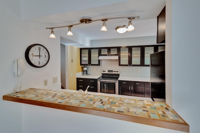 69 Ponwood Cir, Madison, WI 53717 - kitchen featuring electric stove, under cabinet range hood, freestanding refrigerator, track lighting, and decorative backsplash