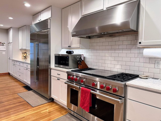 11691 County Road P, Bagley, WI 53801 - kitchen with under cabinet range hood, premium appliances, light wood finished floors, white cabinetry, and recessed lighting