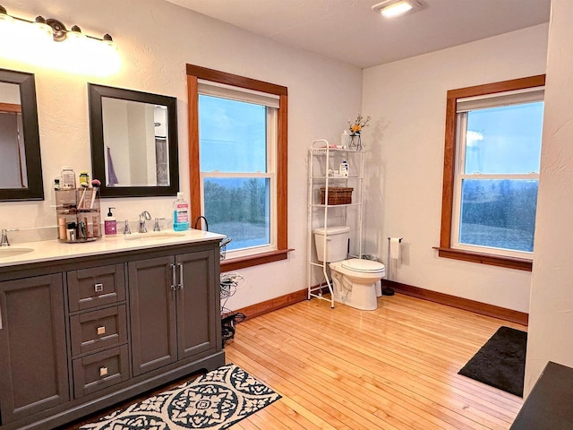 11691 County Road P, Bagley, WI 53801 - full bathroom with double vanity, hardwood / wood-style flooring, toilet, and baseboards