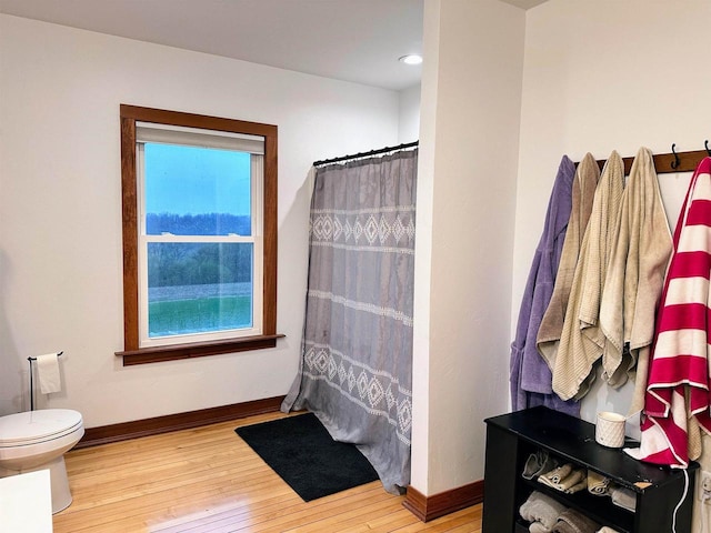 11691 County Road P, Bagley, WI 53801 - bathroom featuring wood finished floors, baseboards, toilet, a shower with curtain, and recessed lighting
