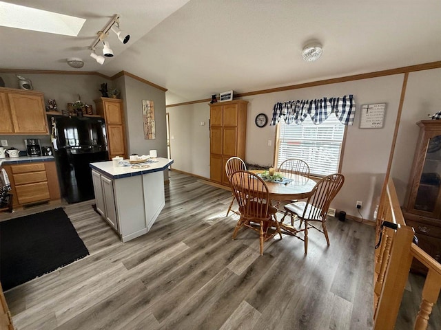 33150 Donna Dr, Prairie Du Chien, WI 53821 - kitchen with freestanding refrigerator, vaulted ceiling, crown molding, a skylight, and tile counters