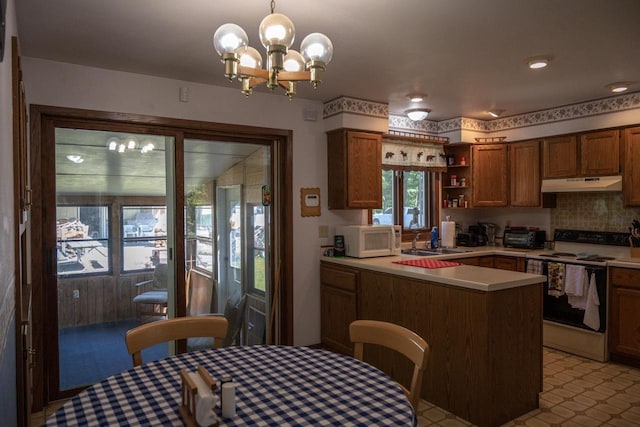 1656 Czech Dr, Friendship, WI 53934 - kitchen with under cabinet range hood, range with electric cooktop, white microwave, a sink, and a chandelier