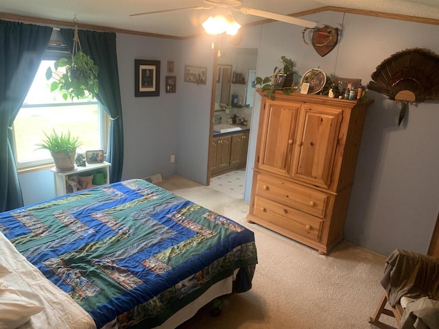 39 Douglas St, Westby, WI 54667 - bedroom featuring light colored carpet, ornamental molding, ensuite bathroom, a sink, and a ceiling fan