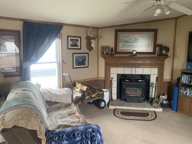 39 Douglas St, Westby, WI 54667 - living room with carpet, a ceiling fan, a wood stove, ornamental molding, and a water view