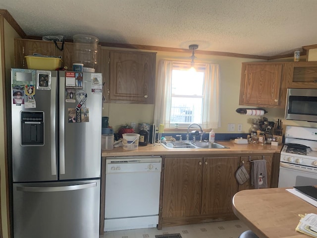 39 Douglas St, Westby, WI 54667 - kitchen featuring appliances with stainless steel finishes, a sink, a textured ceiling, light countertops, and crown molding