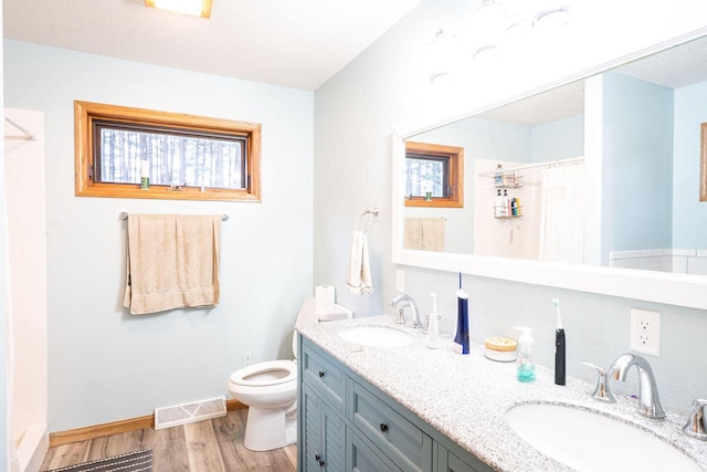 24301 Dexter Ave, Tomah, WI 54660 - full bathroom featuring wood finished floors, toilet, double vanity, baseboards, and curtained shower