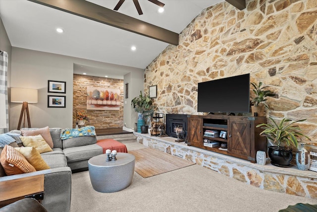 8445 S 44th St, Franklin, WI 53132 - carpeted living room featuring a ceiling fan, a stone fireplace, and recessed lighting