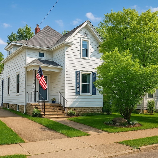 1340 Liberty St, Oshkosh, WI 54901 - view of front of property with a front yard, a chimney, and a shingled roof