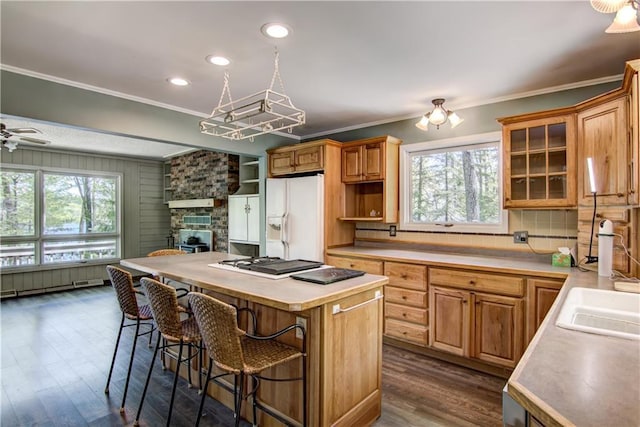 12272 Ewig Rd, Hayward, WI 54843 - kitchen featuring white appliances, a center island, a breakfast bar area, dark wood-style flooring, and light countertops