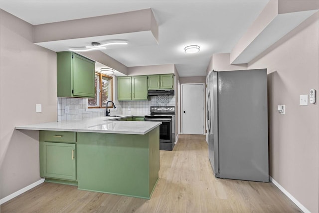 2407 Barbara Ave, Appleton, WI 54915 - kitchen with green cabinets, appliances with stainless steel finishes, a sink, a peninsula, and under cabinet range hood