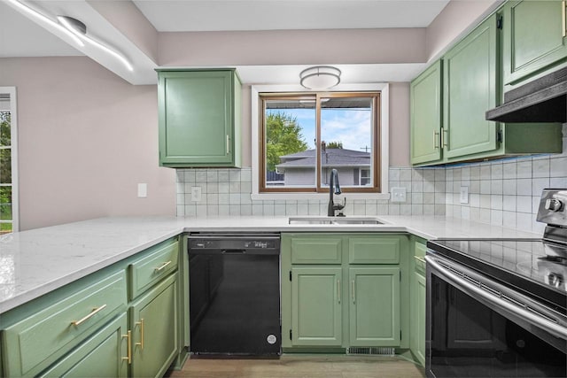 2407 Barbara Ave, Appleton, WI 54915 - kitchen with black dishwasher, green cabinetry, stainless steel range with electric stovetop, a sink, and tasteful backsplash