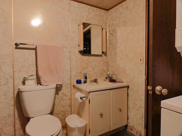 W8666 County Rd K, Elcho, WI 54428 - bathroom with ornamental molding, vanity, and toilet