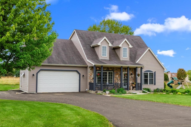 W4748 Ridgeview Rd, Elkhorn, WI 53121 - cape cod home featuring covered porch, an attached garage, a front yard, asphalt driveway, and stone siding
