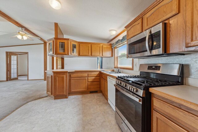 2701 E Main St Unit 136, Reedsburg, WI 53959 - kitchen with stainless steel appliances, light countertops, a sink, a ceiling fan, and brown cabinets