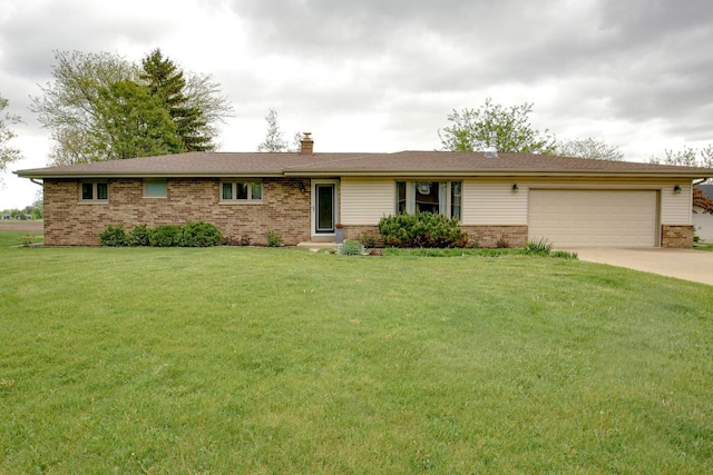 1349 93rd Ave, Kenosha, WI 53144 - single story home with brick siding, an attached garage, concrete driveway, a front lawn, and a chimney