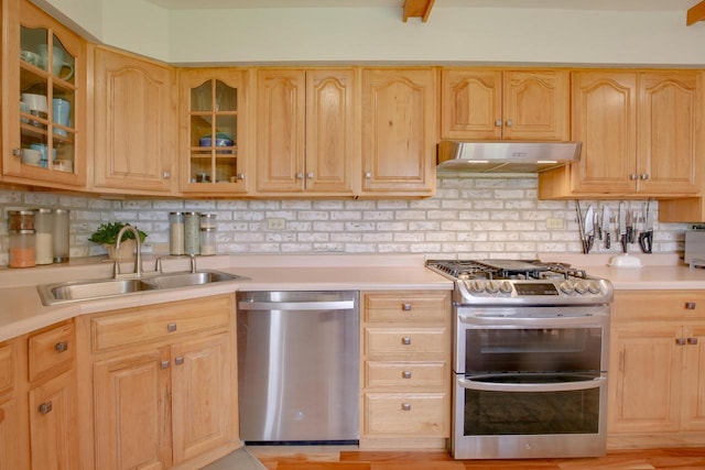 1349 93rd Ave, Kenosha, WI 53144 - kitchen with appliances with stainless steel finishes, under cabinet range hood, a sink, light countertops, and light brown cabinets