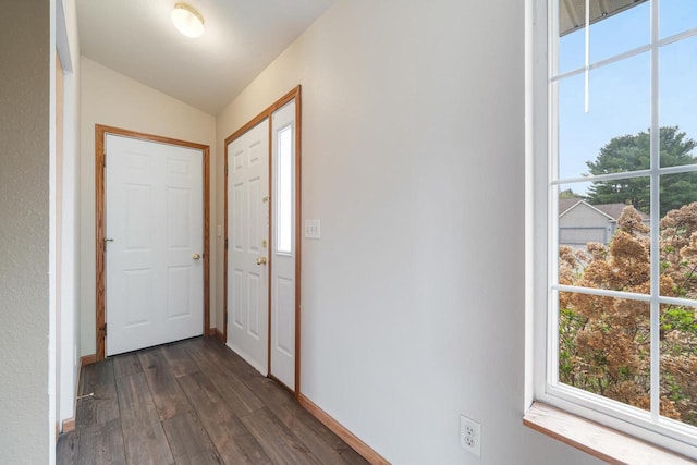 5406 Rock Rapids Dr, Weston, WI 54476 - doorway to outside with dark wood finished floors, lofted ceiling, and baseboards