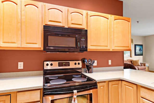 115 E Broadway Unit 210, Monona, WI 53716 - kitchen featuring stainless steel range with electric cooktop, black microwave, light brown cabinets, and light countertops